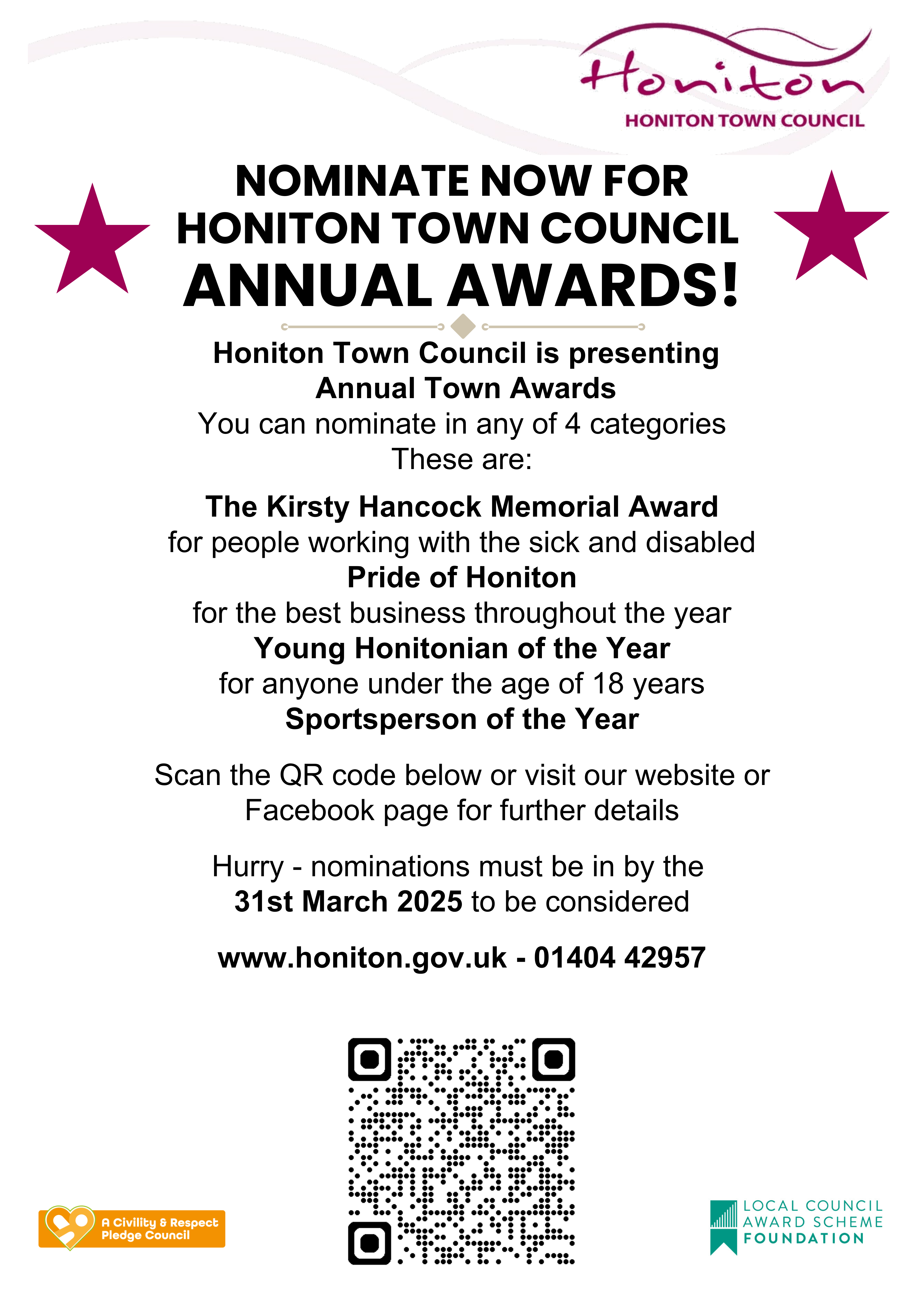 NOMINATE BEFORE 31st MARCH!  Honiton Town Council Annual Awards