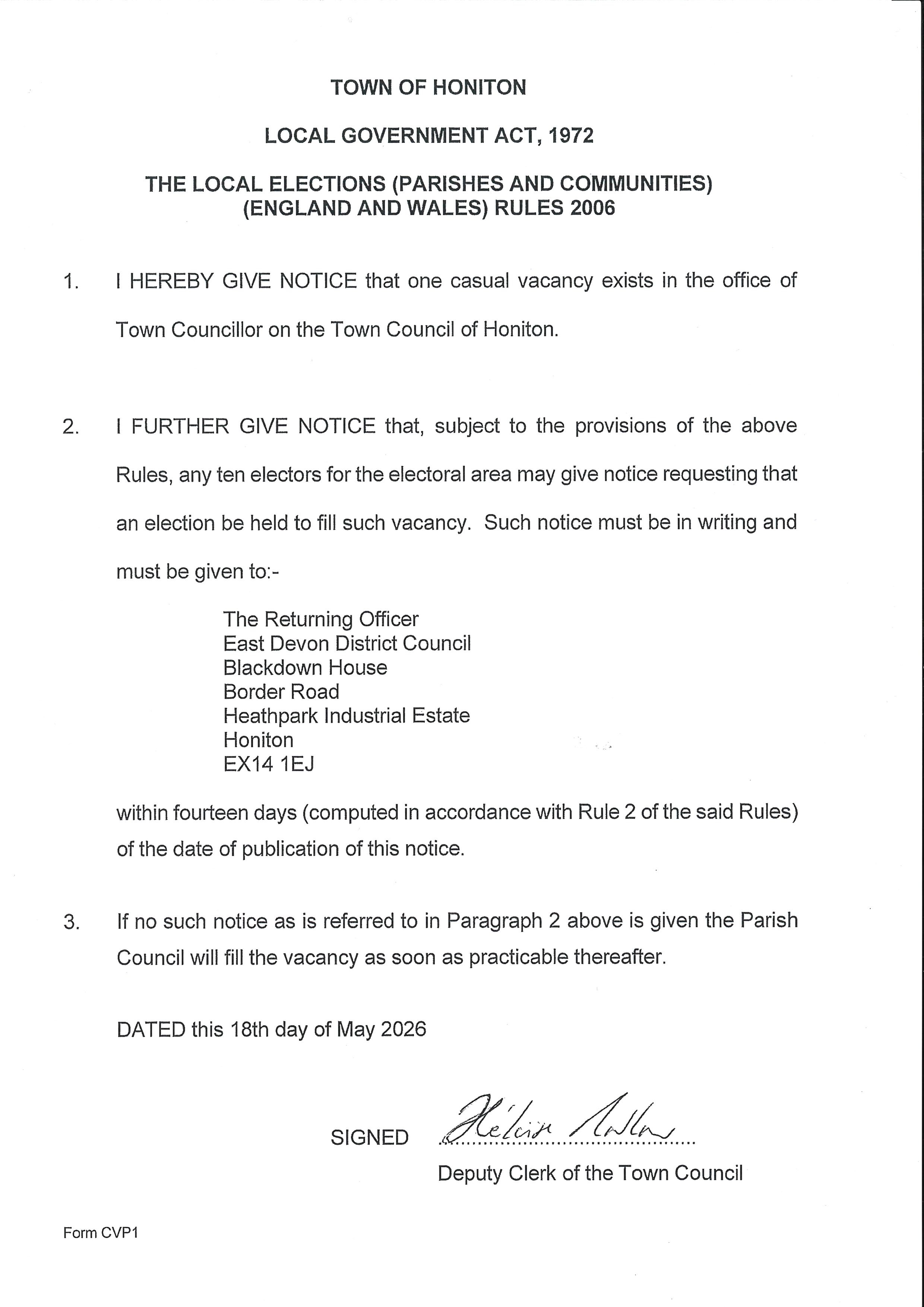 Vacancy in the office of Town Councillor for St Michael