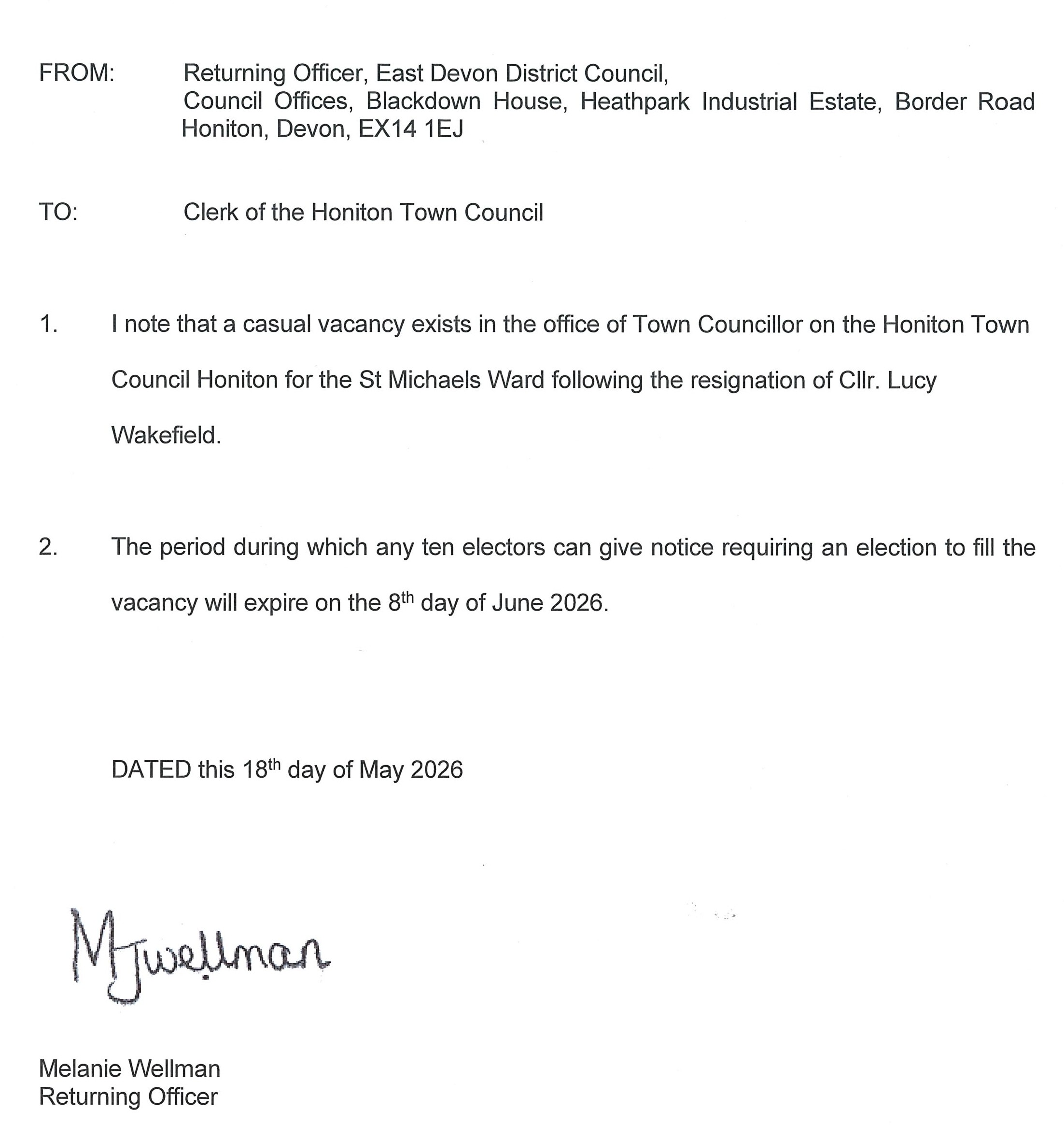 Vacancy in the office of Town Councillor for St Michael